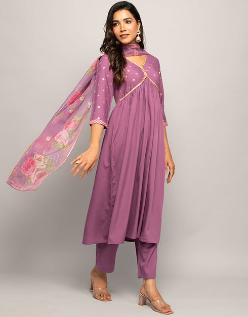 Trendy Designer Party Wear Readymade Salwar Suit Purple Crepe Pant Straight Side View